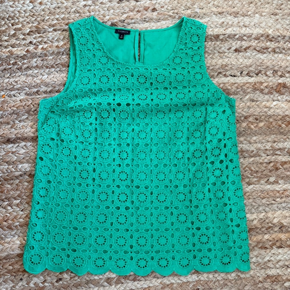 Talbots Size 10 Kelly Green Eyelet Lace Cotton Tank Top Blouse